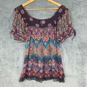 Womens‎ Top Medium Boho Fairy Sheer Festival Peasant Hippie Floral Gauze Artsy